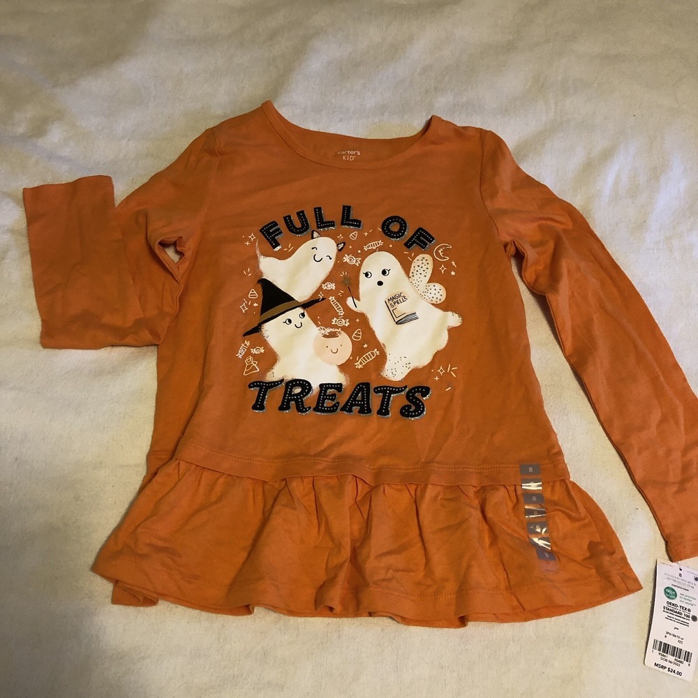 Carter's Halloween Orange Shirt Ghost Scene Trick-Or-Treat  Kids 8/8A New W/Tag